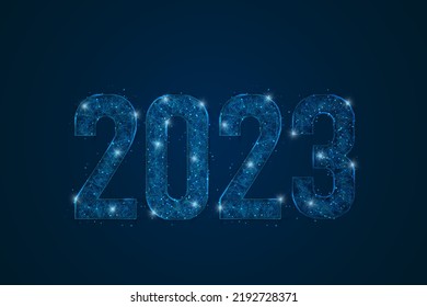 Abstract isolated blue image of new year number 2023. Polygonal low poly wireframe illustration looks like stars in the blask night sky in spase or flying glass shards. Digital web, internet design.