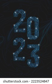 Resumen imagen azul aislada del año nuevo número 2023. La ilustración poligonal de la estructura alambrada baja de pólvora se parece a las estrellas del cielo nocturno blasfemo en los compartimientos de vidrio espasmódico o volador. Web digital, diseño de internet.