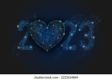 Resumen imagen azul aislada del año nuevo número 2023. La ilustración poligonal de la estructura alambrada baja de pólvora se parece a las estrellas del cielo nocturno blasfemo en los compartimientos de vidrio espasmódico o volador. Web digital, diseño de internet.