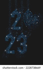 Abstract isolated blue image of new year number 2023. Polygonal low poly wireframe illustration looks like stars in the blask night sky in spase or flying glass shards. Digital web, internet design.