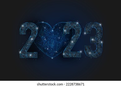 Abstract isolated blue image of new year number 2023. Polygonal low poly wireframe illustration looks like stars in the blask night sky in spase or flying glass shards. Digital web, internet design.