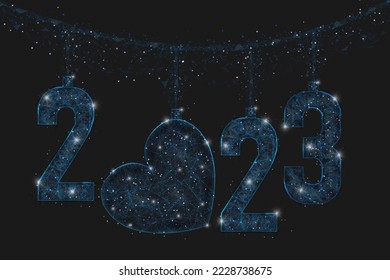 Abstract isolated blue image of new year number 2023. Polygonal low poly wireframe illustration looks like stars in the blask night sky in spase or flying glass shards. Digital web, internet design.