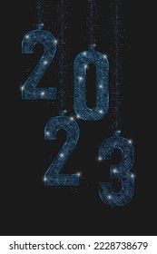 Abstract isolated blue image of new year number 2023. Polygonal low poly wireframe illustration looks like stars in the blask night sky in spase or flying glass shards. Digital web, internet design.