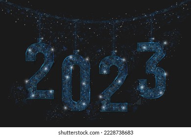 Abstract isolated blue image of new year number 2023. Polygonal low poly wireframe illustration looks like stars in the blask night sky in spase or flying glass shards. Digital web, internet design.