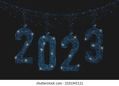 Abstract isolated blue image of new year number 2023. Polygonal low poly wireframe illustration looks like stars in the blask night sky in spase or flying glass shards. Digital web, internet design.
