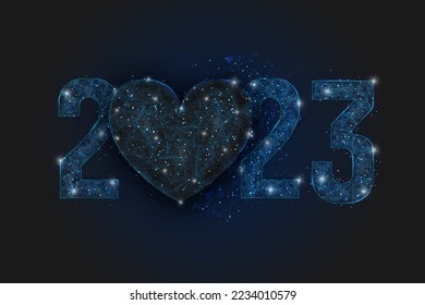 Abstract isolated blue image of new year number 2023. Polygonal low poly wireframe illustration looks like stars in the blask night sky in spase or flying glass shards. Digital web, internet design.