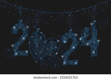 Abstract isolated blue image of new year number 2024. Polygonal low poly wireframe illustration looks like stars in the blask night sky in spase or flying glass shards. Digital web, internet design.