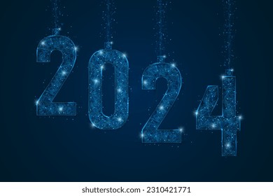 Abstract isolated blue image of new year number 2024. Polygonal low poly wireframe illustration looks like stars in the blask night sky in spase or flying glass shards. Digital web, internet design.
