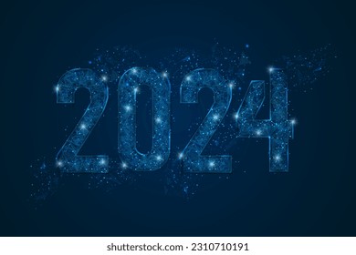 Abstract isolated blue image of new year number 2024. Polygonal low poly wireframe illustration looks like stars in the blask night sky in spase or flying glass shards. Digital web, internet design.