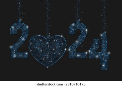 Abstract isolated blue image of new year number 2024. Polygonal low poly wireframe illustration looks like stars in the blask night sky in spase or flying glass shards. Digital web, internet design.