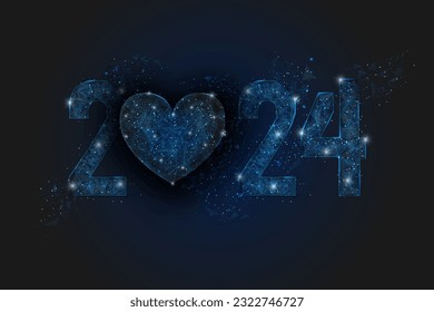 Abstract isolated blue image of new year number 2024. Polygonal low poly wireframe illustration looks like stars in the blask night sky in spase or flying glass shards. Digital web, internet design.