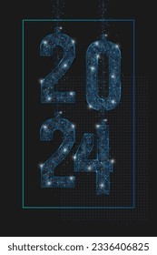 Abstract isolated blue image of new year number 2024. Polygonal low poly wireframe illustration looks like stars in the blask night sky in spase or flying glass shards. Digital web, internet design.