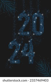 Abstract isolated blue image of new year number 2024. Polygonal low poly wireframe illustration looks like stars in the blask night sky in spase or flying glass shards. Digital web, internet design.
