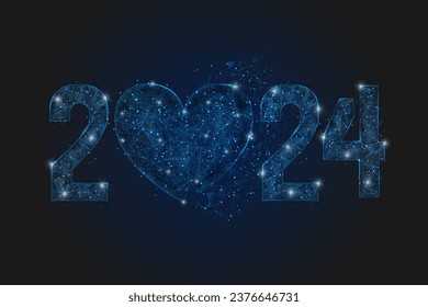 Abstract isolated blue image of new year number 2024. Polygonal low poly wireframe illustration looks like stars in the blask night sky in spase or flying glass shards. Digital web, internet design.