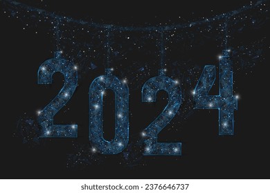 Abstract isolated blue image of new year number 2024. Polygonal low poly wireframe illustration looks like stars in the blask night sky in spase or flying glass shards. Digital web, internet design.