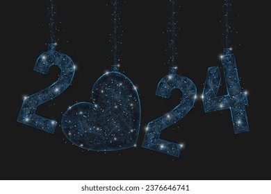 Abstract isolated blue image of new year number 2024. Polygonal low poly wireframe illustration looks like stars in the blask night sky in spase or flying glass shards. Digital web, internet design.
