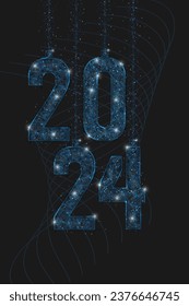 Abstract isolated blue image of new year number 2024. Polygonal low poly wireframe illustration looks like stars in the blask night sky in spase or flying glass shards. Digital web, internet design.