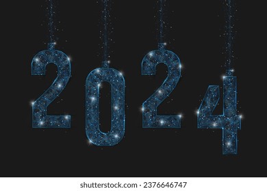 Abstract isolated blue image of new year number 2024. Polygonal low poly wireframe illustration looks like stars in the blask night sky in spase or flying glass shards. Digital web, internet design.
