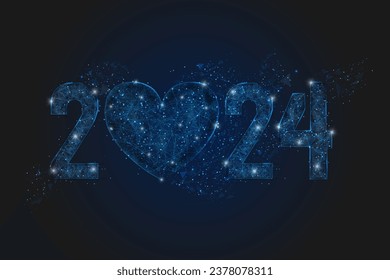 Abstract isolated blue image of new year number 2024. Polygonal low poly wireframe illustration looks like stars in the blask night sky in spase or flying glass shards. Digital web, internet design.