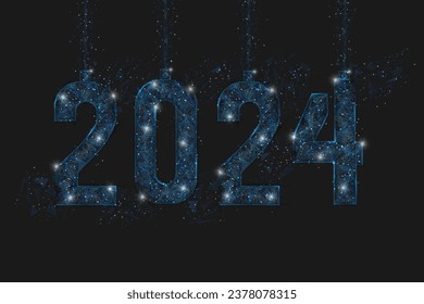 Abstract isolated blue image of new year number 2024. Polygonal low poly wireframe illustration looks like stars in the blask night sky in spase or flying glass shards. Digital web, internet design.