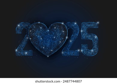 Abstract isolated blue image of new year number 2025. Polygonal low poly wireframe illustration looks like stars in the black night sky in space or flying glass shards. Digital web, internet design.