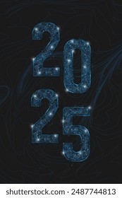 Abstract isolated blue image of new year number 2025. Polygonal low poly wireframe illustration looks like stars in the black night sky in space or flying glass shards. Digital web, internet design.