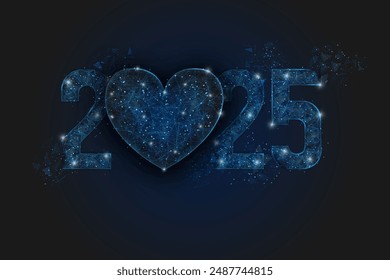 Abstract isolated blue image of new year number 2025. Polygonal low poly wireframe illustration looks like stars in the black night sky in space or flying glass shards. Digital web, internet design.