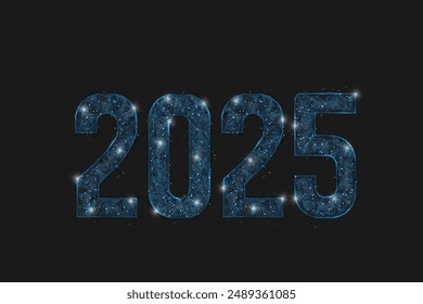 Abstract isolated blue image of new year number 2025. Polygonal low poly wireframe illustration looks like stars in the black night sky in space or flying glass shards. Digital web, internet design.