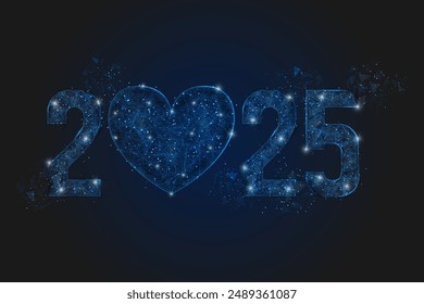 Abstract isolated blue image of new year number 2025. Polygonal low poly wireframe illustration looks like stars in the black night sky in space or flying glass shards. Digital web, internet design.