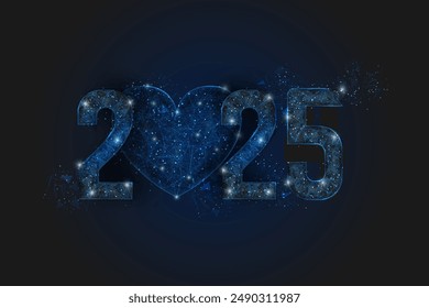 Abstract isolated blue image of new year number 2025. Polygonal low poly wireframe illustration looks like stars in the black night sky in space or flying glass shards. Digital web, internet design.