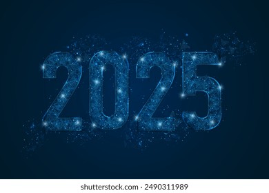 Abstract isolated blue image of new year number 2025. Polygonal low poly wireframe illustration looks like stars in the black night sky in space or flying glass shards. Digital web, internet design.