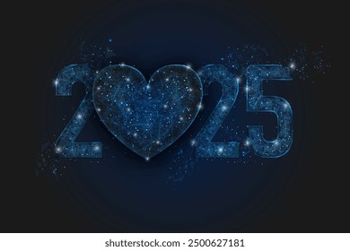 Abstract isolated blue image of new year number 2025. Polygonal low poly wireframe illustration looks like stars in the black night sky in space or flying glass shards. Digital web, internet design.