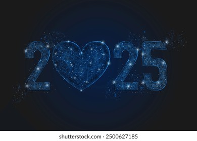 Abstract isolated blue image of new year number 2025. Polygonal low poly wireframe illustration looks like stars in the black night sky in space or flying glass shards. Digital web, internet design.