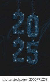 Abstract isolated blue image of new year number 2025. Polygonal low poly wireframe illustration looks like stars in the black night sky in space or flying glass shards. Digital web, internet design.