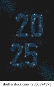 Abstract isolated blue image of new year number 2025. Polygonal low poly wireframe illustration looks like stars in the black night sky in space or flying glass shards. Digital web, internet design.