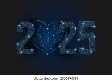 Abstract isolated blue image of new year number 2025. Polygonal low poly wireframe illustration looks like stars in the black night sky in space or flying glass shards. Digital web, internet design.