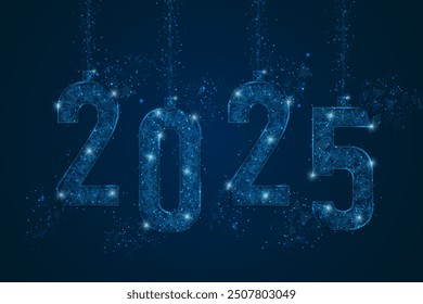 Abstract isolated blue image of new year number 2025. Polygonal low poly wireframe illustration looks like stars in the black night sky in space or flying glass shards. Digital web, internet design.