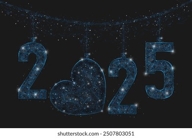 Abstract isolated blue image of new year number 2025. Polygonal low poly wireframe illustration looks like stars in the black night sky in space or flying glass shards. Digital web, internet design.
