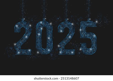 Abstract isolated blue image of new year number 2025. Polygonal low poly wireframe illustration looks like stars in the black night sky in space or flying glass shards. Digital web, internet design.