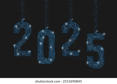 Abstract isolated blue image of new year number 2025. Polygonal low poly wireframe illustration looks like stars in the black night sky in space or flying glass shards. Digital web, internet design.