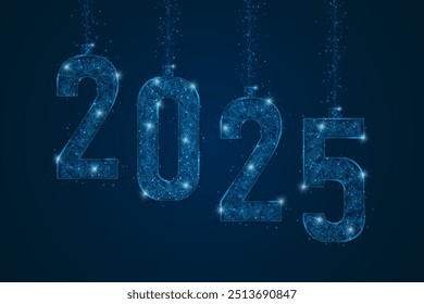 Abstract isolated blue image of new year number 2025. Polygonal low poly wireframe illustration looks like stars in the black night sky in space or flying glass shards. Digital web, internet design.