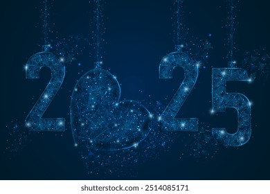 Imagen azul aislada Abstractas del año nuevo número 2025. La ilustración de marco de alambre de polietileno bajo poligonal se ve como estrellas en el cielo nocturno negro en el espacio o fragmentos de vidrio volador. Web digital, diseño de internet.