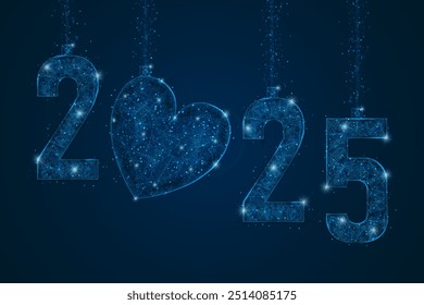 Abstract isolated blue image of new year number 2025. Polygonal low poly wireframe illustration looks like stars in the black night sky in space or flying glass shards. Digital web, internet design.