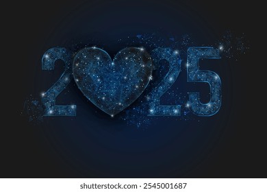 Abstract isolated blue image of new year number 2025. Polygonal low poly wireframe illustration looks like stars in the black night sky in space or flying glass shards. Digital web, internet design.