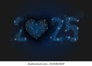 Abstract isolated blue image of new year number 2025. Polygonal low poly wireframe illustration looks like stars in the black night sky in space or flying glass shards. Digital web, internet design.