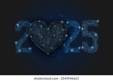 Abstract isolated blue image of new year number 2025. Polygonal low poly wireframe illustration looks like stars in the black night sky in space or flying glass shards. Digital web, internet design.