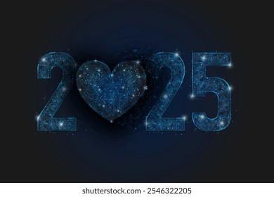 Abstract isolated blue image of new year number 2025. Polygonal low poly wireframe illustration looks like stars in the black night sky in space or flying glass shards. Digital web, internet design.