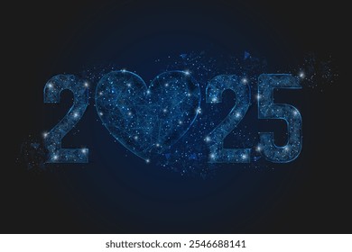 Abstract isolated blue image of new year number 2025. Polygonal low poly wireframe illustration looks like stars in the black night sky in space or flying glass shards. Digital web, internet design.