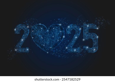 Abstract isolated blue image of new year number 2025. Polygonal low poly wireframe illustration looks like stars in the black night sky in space or flying glass shards. Digital web, internet design.