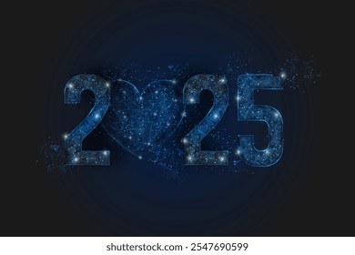 Abstract isolated blue image of new year number 2025. Polygonal low poly wireframe illustration looks like stars in the black night sky in space or flying glass shards. Digital web, internet design.